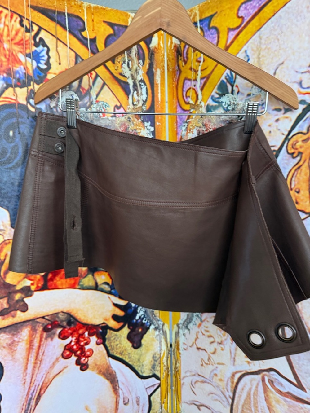 Diesel Vintage Chocolate Soft Leather Wrap Mini Skirt with Button Accent - Picture 7 of 17